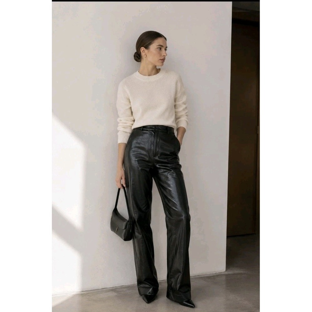 Vintage Y2K Express Women's Black Leather Pants Size 13/14 Straight Leg Baddie